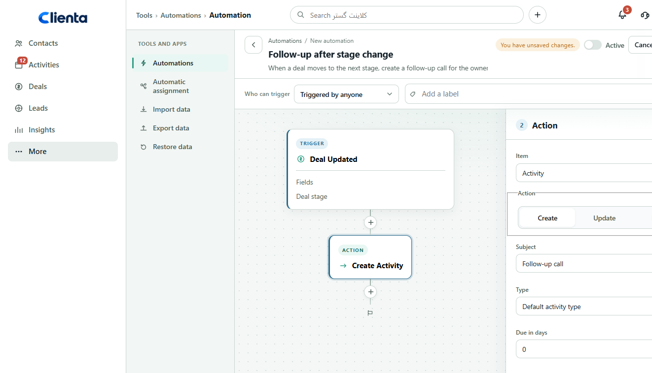 Real Clienta automation canvas with the create follow-up activity action panel