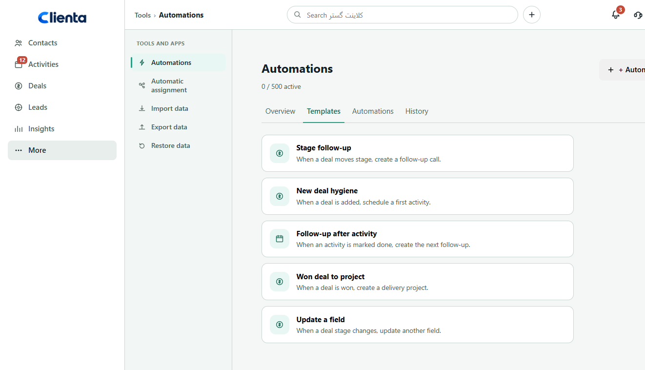 Real Clienta sales automation templates including stage follow-up, new deal hygiene and won deal to project