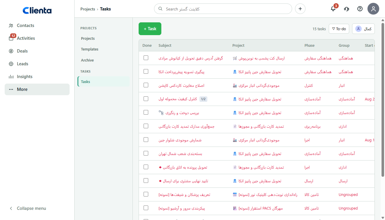 Real Clienta project task queue with due dates and owners
