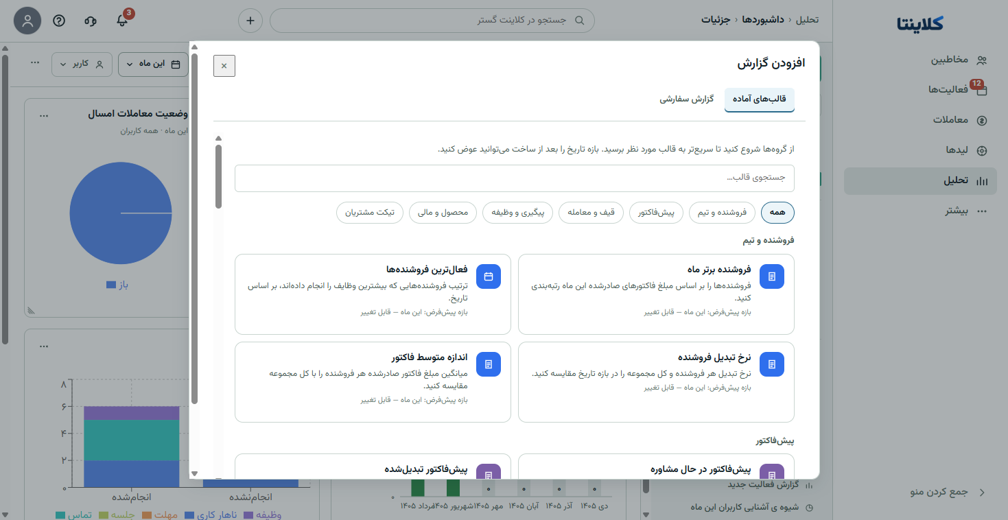اسکرین‌شات واقعی قالب‌های آماده گزارش فروش در کلاینتا
