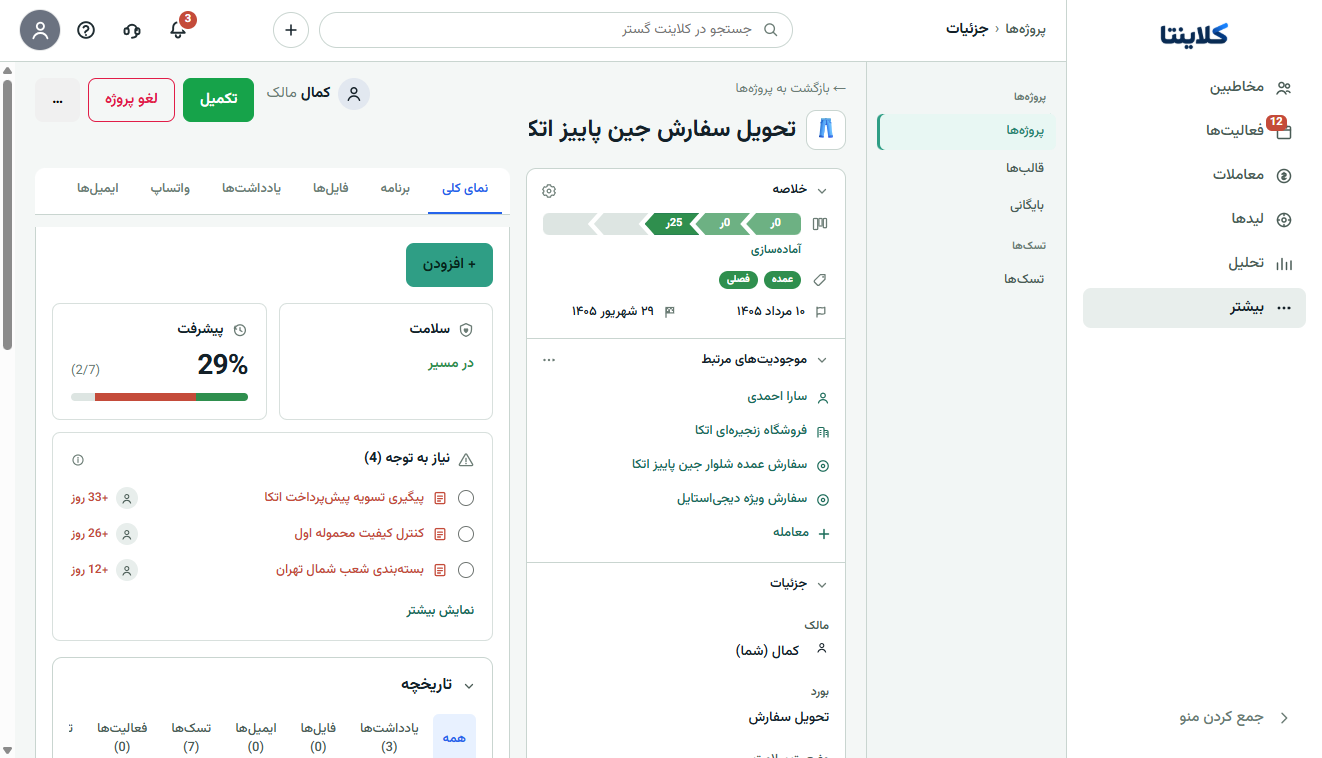 اسکرین‌شات واقعی پرونده پروژه کلاینتا با سلامت در مسیر، پیشرفت ۲۹٪، معامله مرتبط و وظایف نیازمند توجه