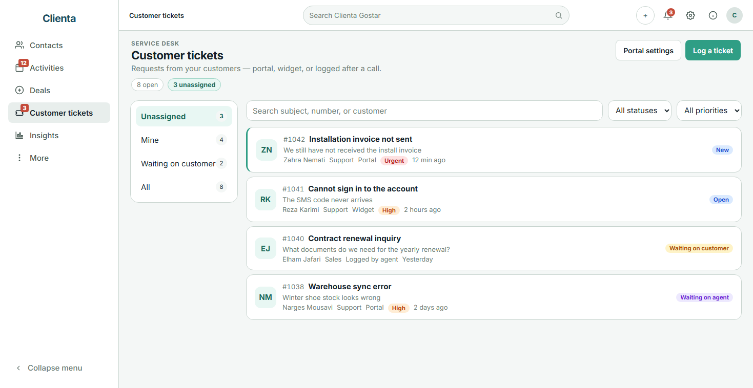 Clienta customer tickets inbox with unassigned and mine views