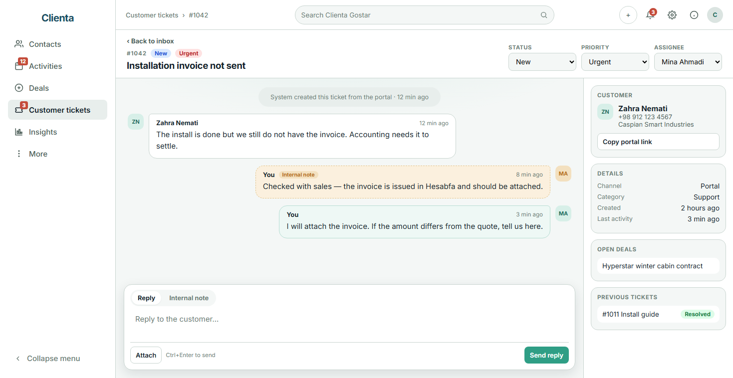 Clienta ticket record with the conversation, internal notes and customer context
